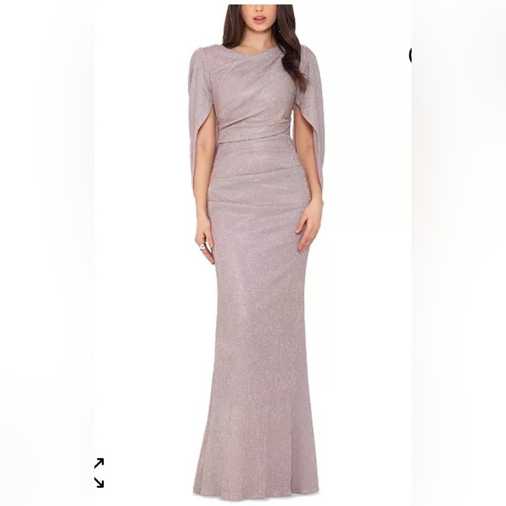 BETSY & ADAM
10 Petite Cape-Back Metallic Evening Gown, Mother of Bride, Party